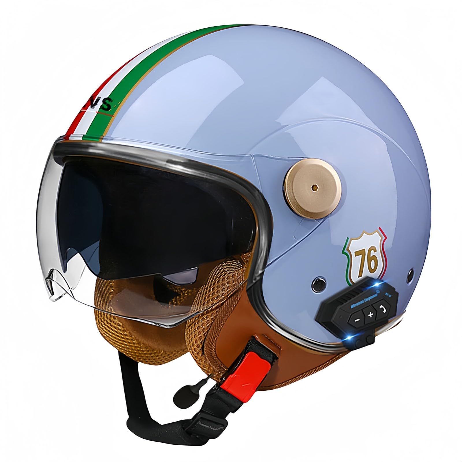 3/4-Bluetooth-Helm mit offenem Gesicht, Vintage-Motorrad-Halbhelm, ECE-zugelassenes Moped mit Doppelvisier, Motorradhelm für Männer, Erwachsene, Frauen U,XL61-62CM