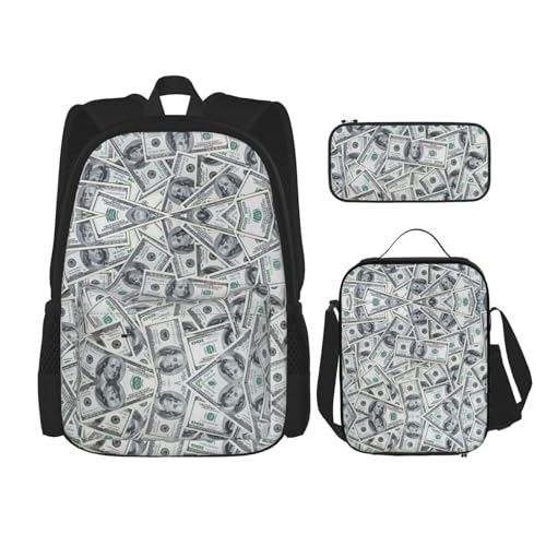 WURTON Lustige Dollar Geld Druck verstellbare Schulterriemen Rucksack Set Mittagessen Tasche Stiftkasten Kombination Taschen Set