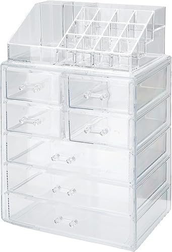 Kosmetik Organizer 2 in 1 Make-up Organizer Make up Organizer Schmuckkästchen mit 7 Schubladen 24 x 36 x 16 cm Acryl Transparent, durchscheinend, 24 x 36 x 16 cm, Make-up-Organizer