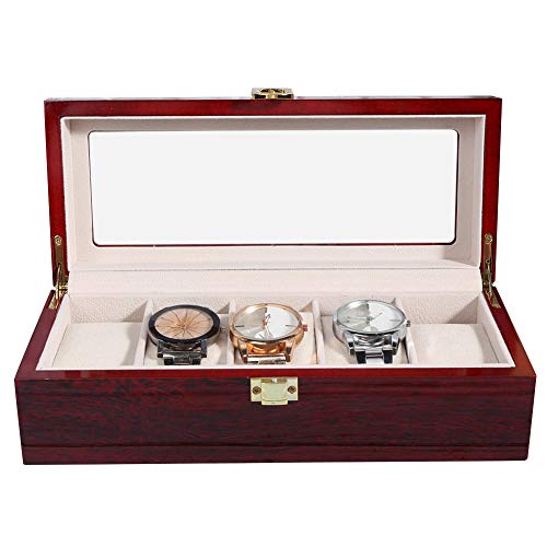 yuytee Wooden Watch Box Organizer, 5 Grid Watch Display Box Kissenbezug mit Prevent Dust Scratches Uhr Aufbewahrungsbox für Männer Damen Uhr und Schmuck