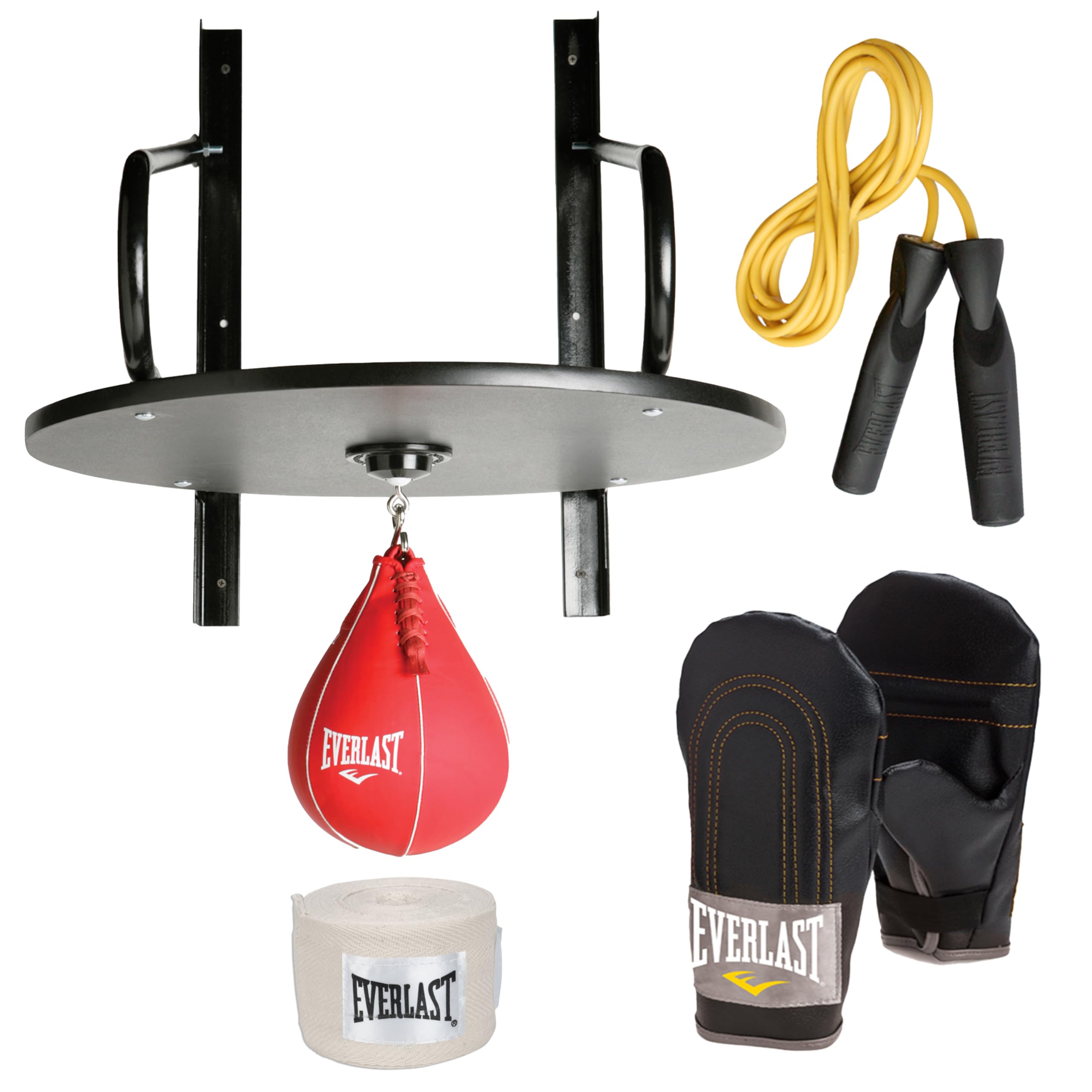 Everlast Unisex Erwachsene Sport Boxen Speed Bag Kit 6 Teilig (Holzplattform, Speedbag, Drehgelenk, Handwraps, Boxhandschuhe, Springseil)