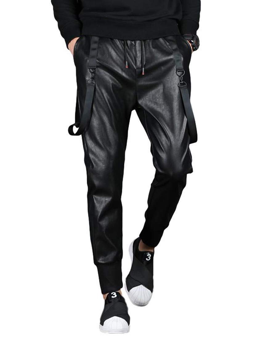 Idopy Herren Hip Hop Street Drawstring Jogger PU Harem Kunstlederhose