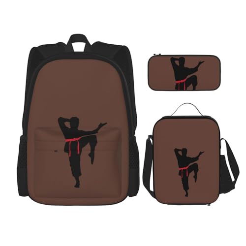 WURTON Rucksack mit Karate-Aufdruck für Herren, Schultasche mit Lunch-Tasche, Federmäppchen, Kombination, Schultaschen-Set