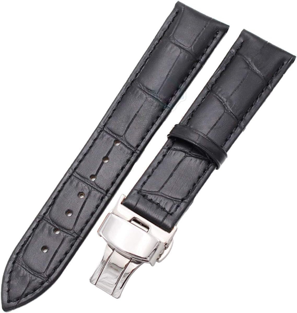 20mm 22mm Langlebige Uhrenarmbänder Gürtel Herren Damen Lederuhrenarmband Faltschließe Zubehör, Schwarz, 22mm Silberschließe