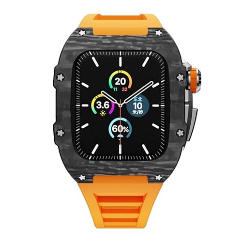 KANUZ Modifikationsset für Apple Watch Serie 8, 7, 6, SE, 5, 4, Gehäuse aus Edelstahl und Gummiband für iWatch 41 mm, 45 mm (Farbe: Orange, Größe: 45 mm für 7)