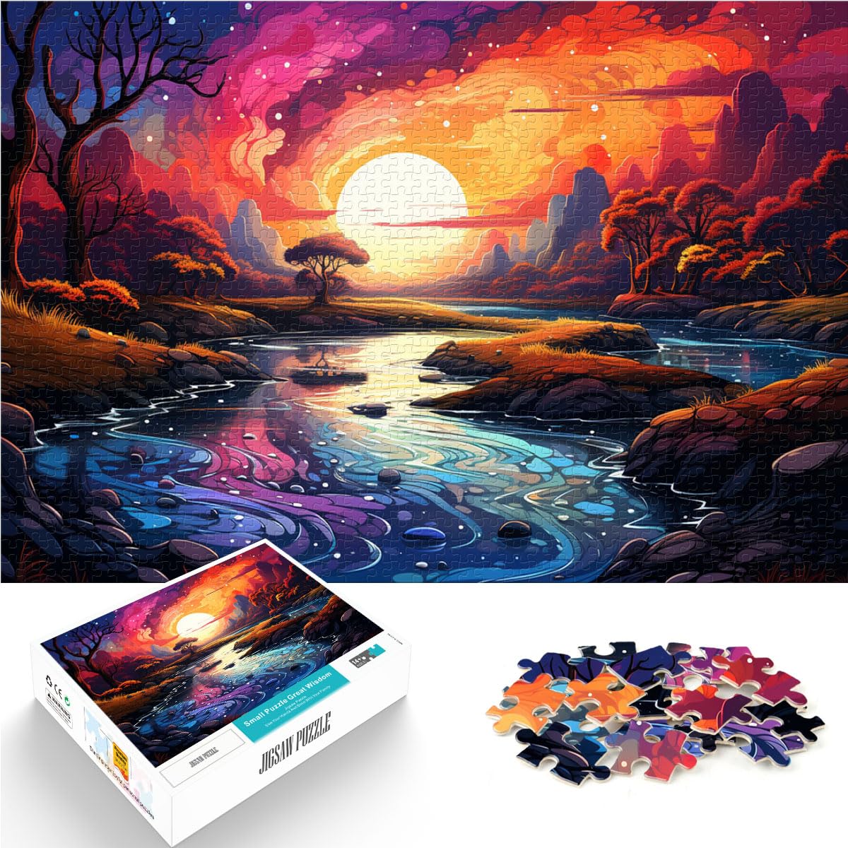 Puzzle, schöne, farbenfrohe Flusslandschaft, Puzzle 1000 Teile, Holzpuzzle mit passendem Poster und Wissensblatt, 1000 Teile (50 x 75 cm)