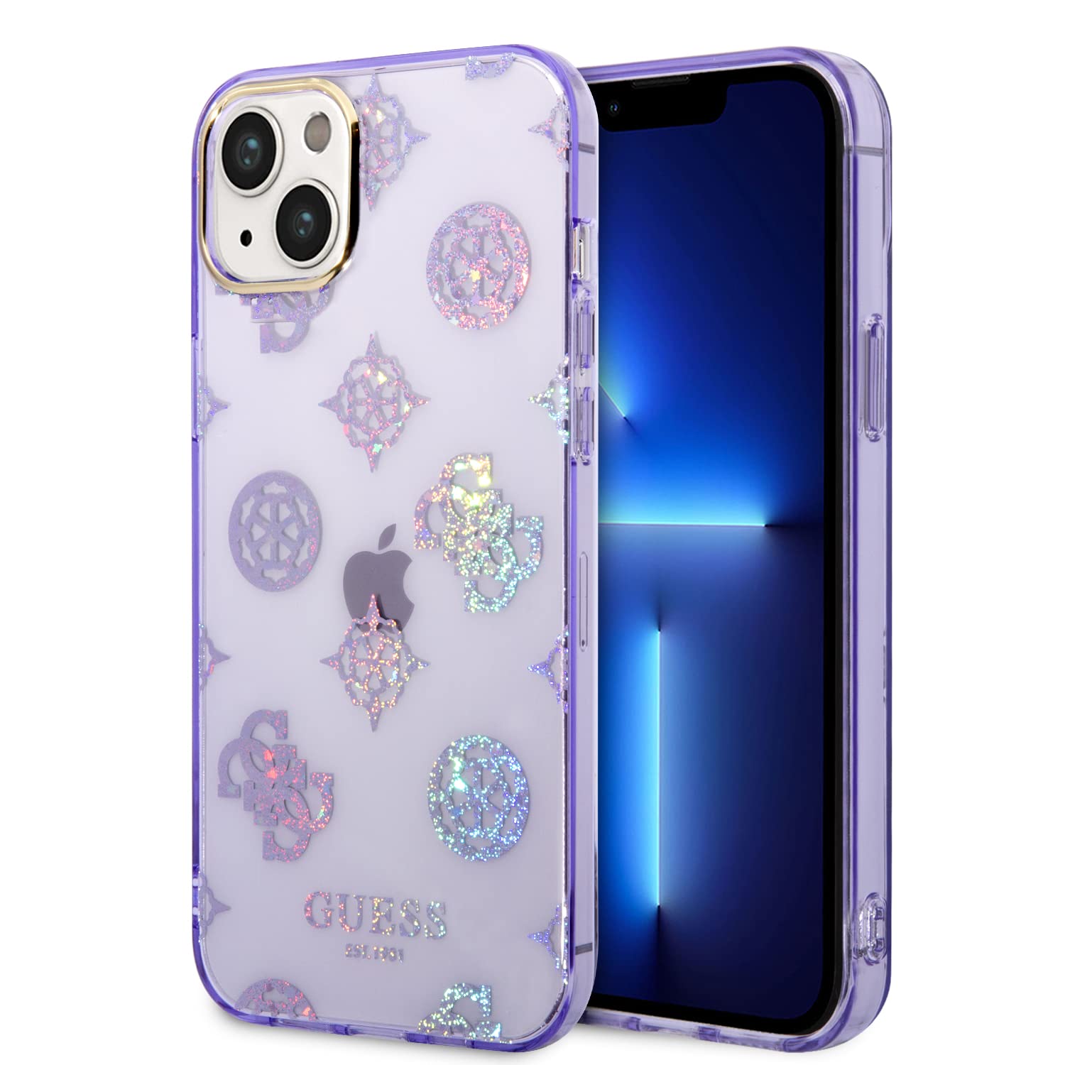 Guess Handyhülle für iPhone 14 Plus in lila IML Hülle, kratzfester PC/TPU, Bequeme und langlebige Hartschale mit zugänglichen Anschlüssen, Stoßdämpfung und Signatur-Logo