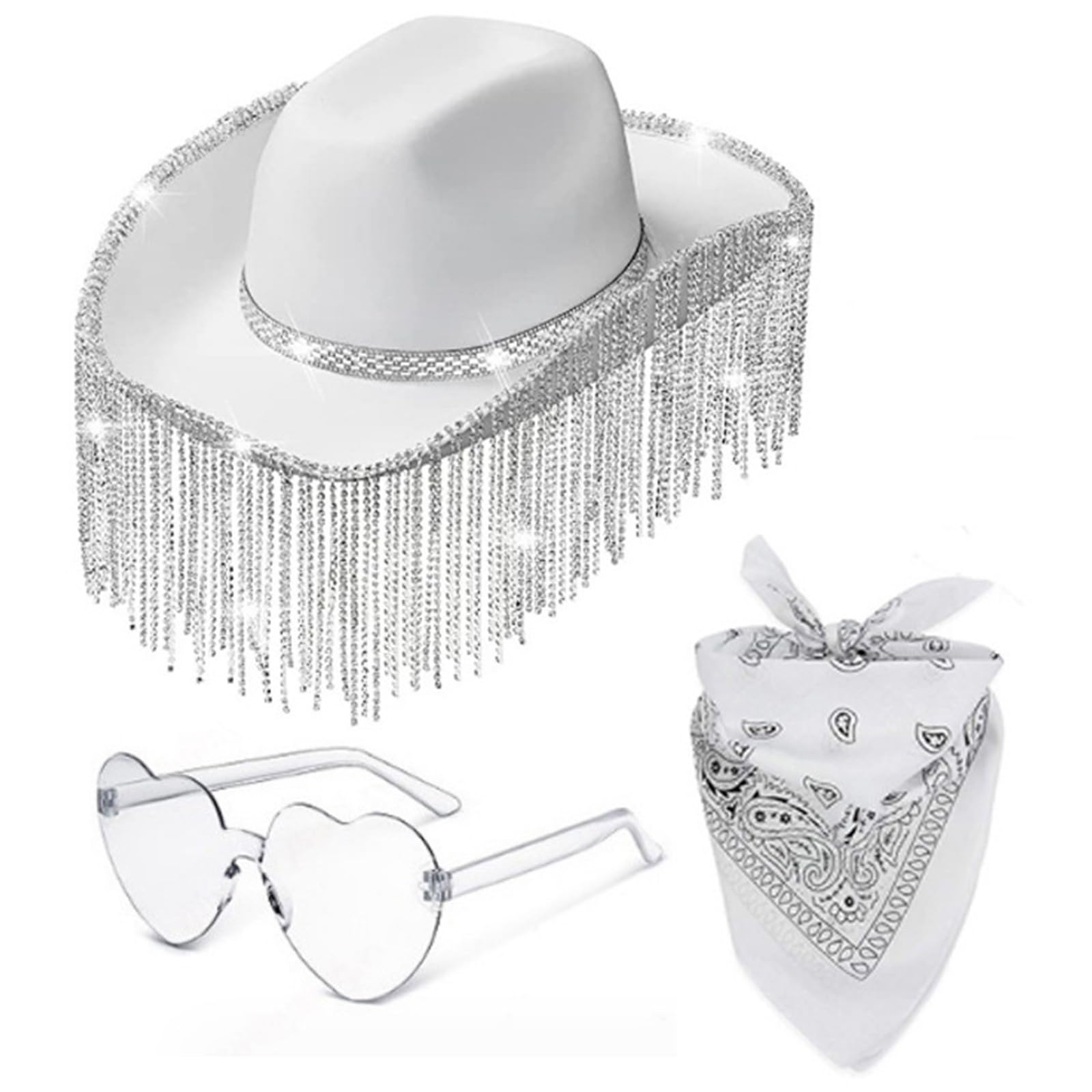 TAKOXIA Cowboyhut, 3-teiliges Set mit Herz-Sonnenbrille, Kopftuch und Cowboyhut, für Karneval, Sonnenschutz, Braut, Cowboyhut mit Strass-Quasten, Dekor