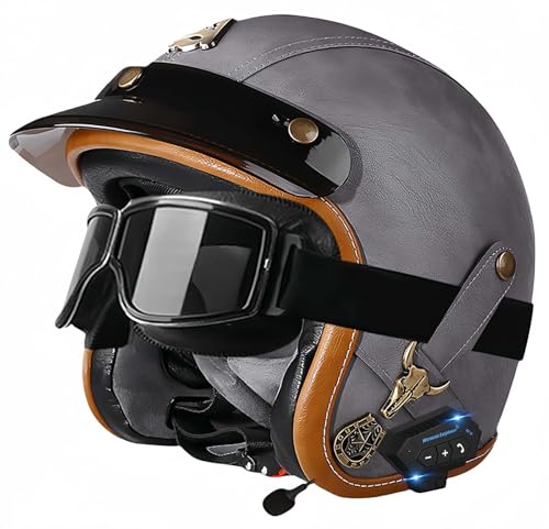 Bluetooth-Helme, Vintage-Motorrad-Halbhelm, ECE-geprüfter offener Mopedhelm mit doppelter Größenverstellung für Cruiser-Bikes, Erwachsene, Männer und Frauen A,XL61-62CM