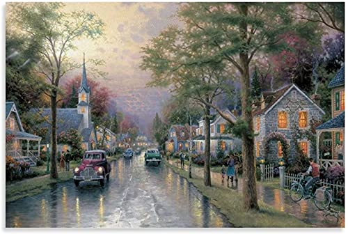 DIY 5d Diamant Malerei Kits FüR Erwachsene Und Kinder Thomas Kinkade Heimatstadt Morgen Kreuzstich Art Kristall Strass Stickerei Painting 11.8"x15.7"(30x40cm) Kein Rahmen