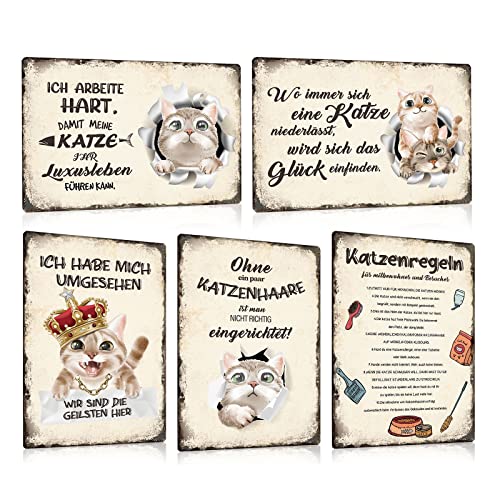 5er Set Katze Vintage Blechschild Sprüche 20x30cm - Katzen-Regeln Retro Schild mit Lustiger Spruch - LUXUSLEBEN - Metall-Schild Poster Geschenk für Katzen-Liebhaber