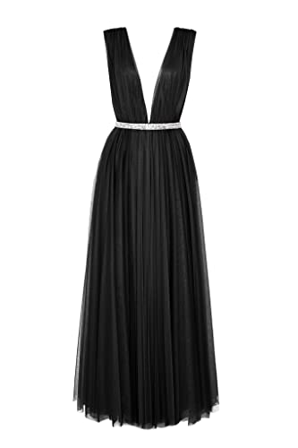 Swing Fashion Women's Flora | Schwarz Langes Damen | Elegantes Kleid | Abendkleid | Ballkleid | Brautjungfernkleid | Cocktailkleid | Langkleider | Maxikleid | Tüllkleid | Tiefer Ausschnitt 34/36 XS/S