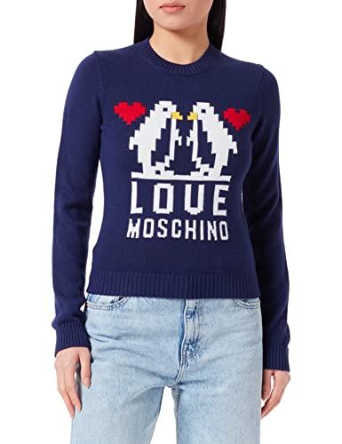 Love Moschino Women's Slim fit Long-Sleeved with Love Penguins Jacquard Intarsia Pullover Sweater, Dark Blue, 44