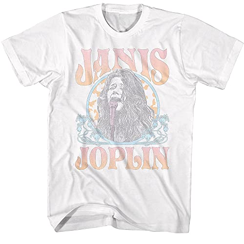 Janis Joplin T-Shirt für Erwachsene, klassisch, Rocksänger, kurzärmelig, Vintage-Stil, Grafik-T-Shirts, Weiss/opulenter Garten, Mittel