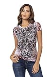 Cipo & Baxx Damen T-Shirt Kurzarm Alloverprint Rundhals Strasssteine Sommer Baumwolle Shirt WT329 Braun S