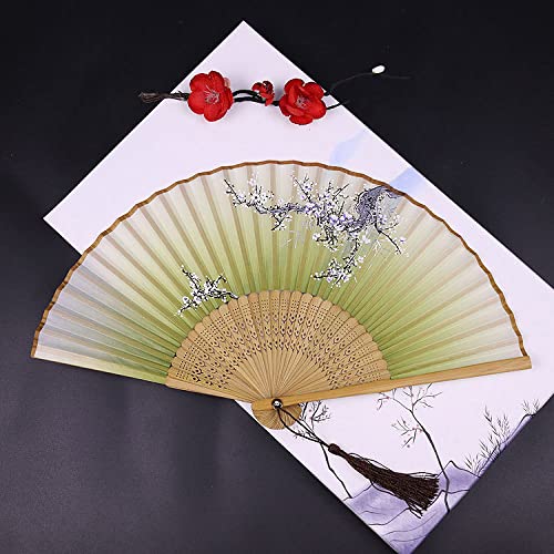 VSULZVNU Handfächer für Frauen, faltbar, grüne Seide, Faltfächer, elegante Pflaumenblüten, brauner Knochen, Bambus-Fächer mit Quaste, japanische chinesische Fächer, exquisite handgefertigte Handfächer