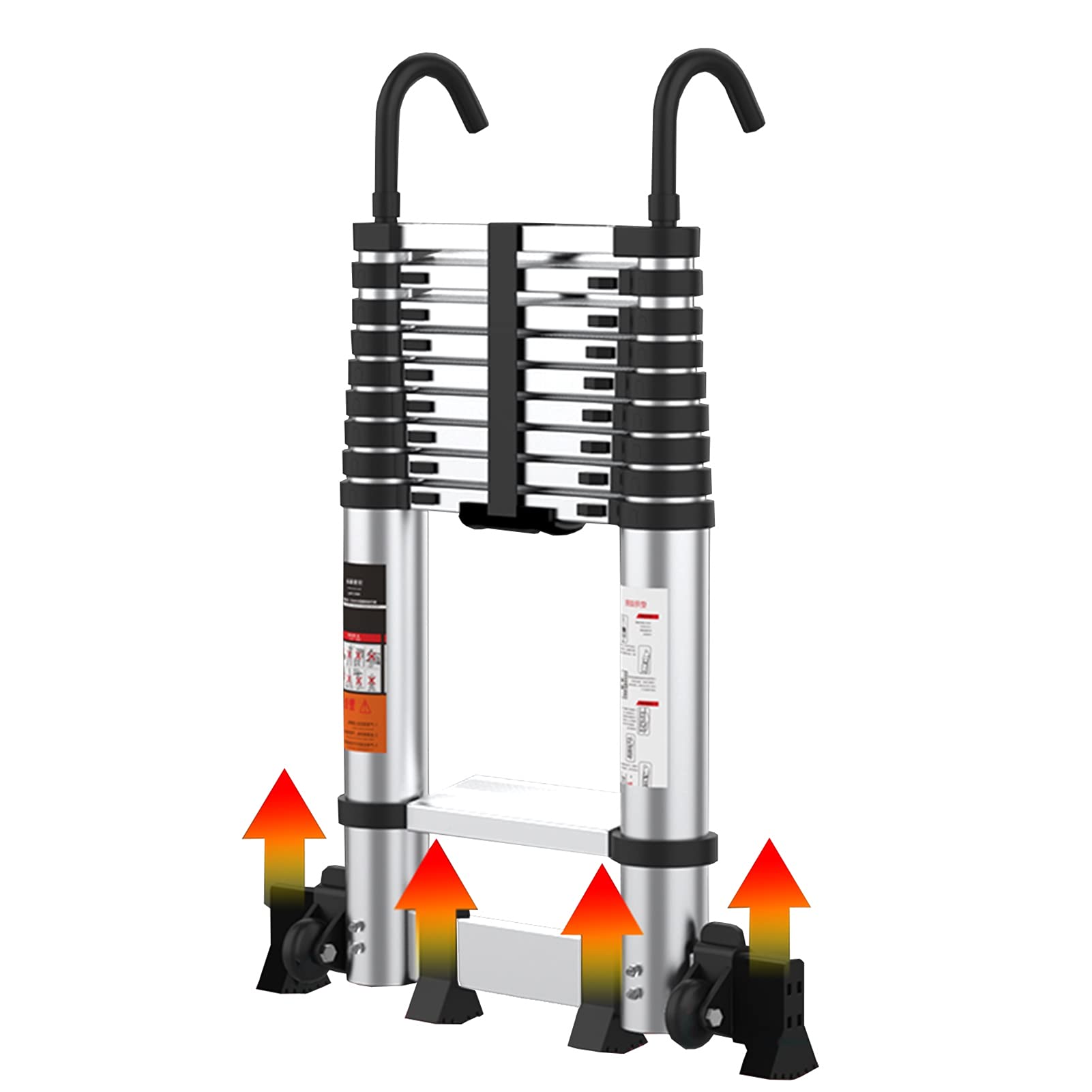 RASOANOA Allmächtige, kompakte, einfach zu verwendende und zu tragende Teleskopleiter mit Stabilisatorstange und extra breitem Pedal, 2,3 m / 3,5 m / 4,7 m / 5,5 m / 6,3 m / 7 m, tragbare