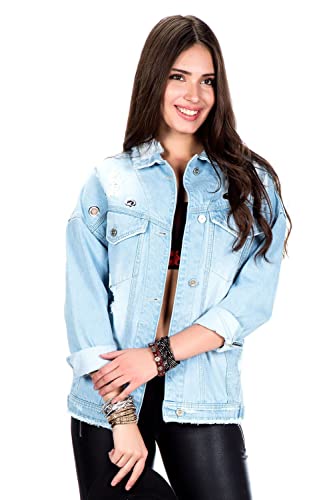 Cipo & Baxx Damen Jeansjacke Übergangsjacke Leichtejacke Denim Vintage Stil Used Hellblau L