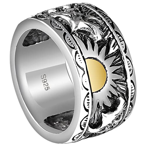 VOYADE Adlerflügel Ring Sonne Totem Ring Mode Punk S925 Sterling Silber Fliegender Adler Sonne Männlicher Kreisring,Silber,12