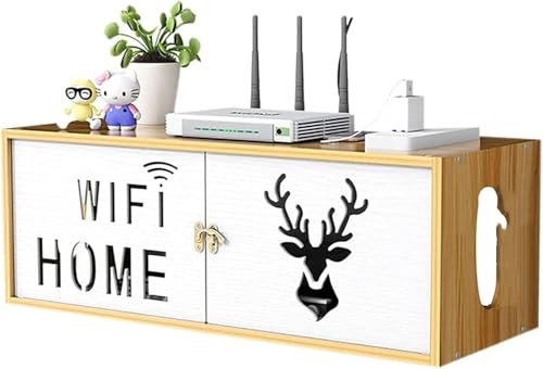 TT Wandmontierte WLAN-Aufbewahrungsbox, Router-Aufbewahrungsbox, mehrschichtiges Desktop-WLAN-Aufbewahrungsregal aus Holz mit Verschluss, Set-Top-Box, Fernbedienung, Netzkabel-Steckdose, Auf