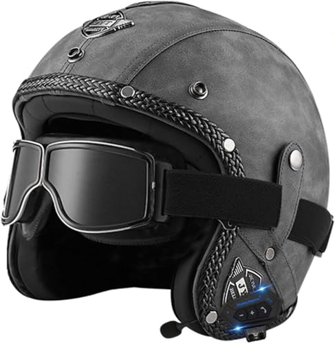 Offener Helm, Motorradhelm, Integrierter Bluetooth-Motorrad-Halbhelm, Retro-Vintage-Motor-Jet-Helm Mit Sonnenblende, Für Männer, Frauen, Erwachsene, DOT/ECE-Geprüft A,XL61-62cm