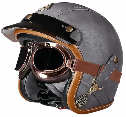 3/4 Vintage-Helm, Retro-Motorradhelm, Erwachsenenhelm, Halbhelm, ECE-Geprüfter Vintage-Helm Für Damen Und Herren, Mit Offener Schutzbrille, Moped-Helm G,L57-60CM