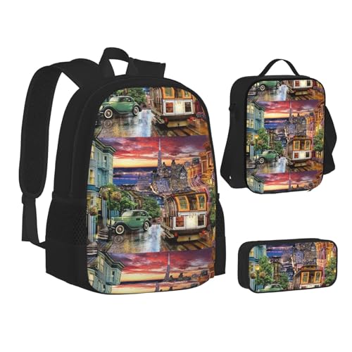 WURTON San Francisco bedrucktes Rucksack-Lunchbox-Set, 3-in-1-Rucksack und Federmäppchen, passende Kombination, Schwarz, Einheitsgröße