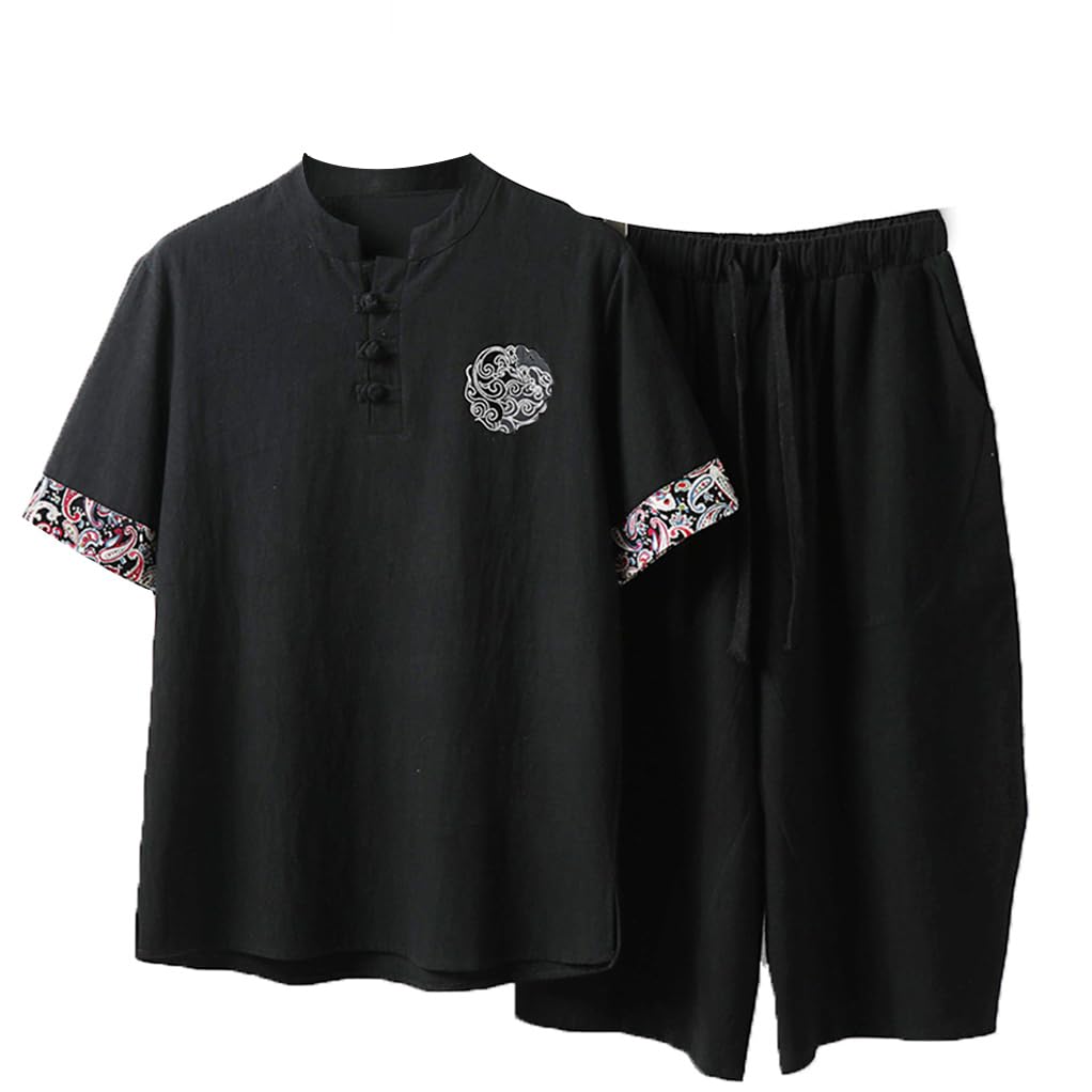 ZHOUXIAO Männer Kung Fu Uniformen Plus Größe Kampfkunst Sets Tang Anzüge Chinesische traditionelle Kleidung Taichi Kleidung Baumwolle Leinen Kurzarm Mantel Tops und Kurze Hos black-8XL