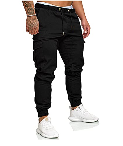 SOMTHRON Herren Elastische Taille Gürtel Baumwolle Jogging Sweat Hosen Plus Size Mode Lange Sports Cargo Hosen Shorts mit Taschen Joggers Activewear Hosen, Black, M