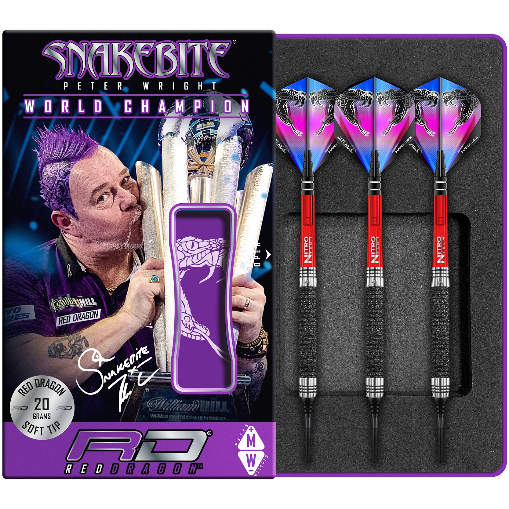 RED DRAGON Peter Wright Snakebite Melbourne Masters 20g Fassgewicht, 22g Gesamtgewicht Softip Tungsten Darts mit Flights und Schäfte