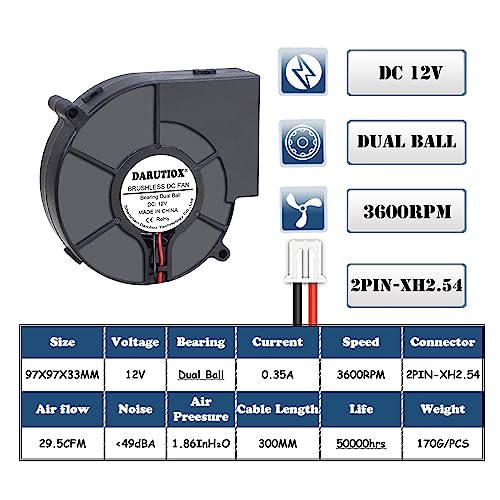 Kreiselgebläse, Luftbeweger, 9733 Turbo Kreiselgebläse 12 V/24 V 97*97*33mm DC Bürstenlosen 97mm gebläse Kühler Fans for Grill Fahrzeug Sitz für die Belüftung von Industrie, Haushalt(12V Dual Ball)