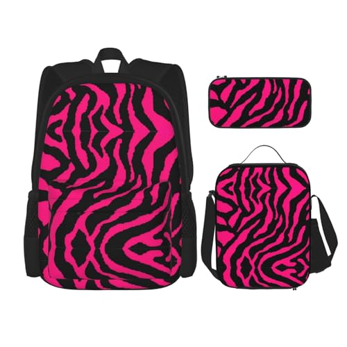 WURTON Zebra Tiger Leopard Pink Print Lunchbox Federmäppchen Rucksack Set 3 Stück Verstellbare Träger Langlebig Leicht, Schwarz, One Size