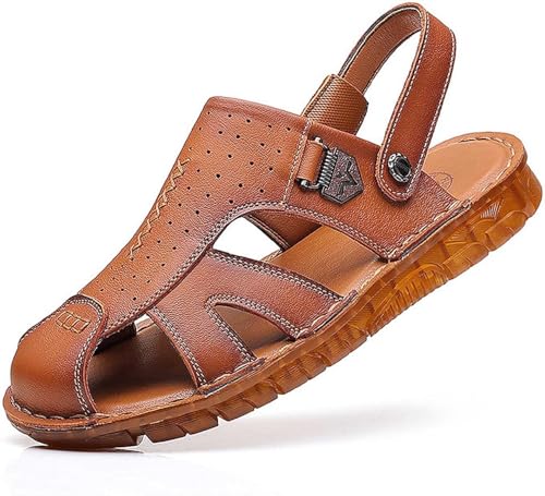 Herren-Ledersandalen, geschlossene Zehensandalen, lässige Strandschuhe, Sommer-Slip-On-Hausschuhe mit verstellbarem Riemen,Braun,39 EU