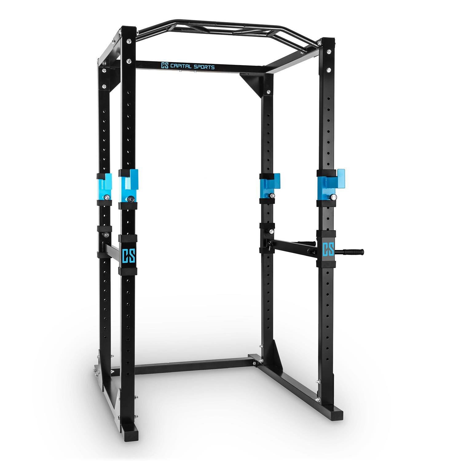 CAPITAL SPORTS Tremendour Power Rack Käfig - Squat Rack Kraftstation, 2 x Safety Spotter: 20-stufig, 4 x J-Hooks, Multigripp-Klimmzugstange, aufsteckbare Dipstangen, Half Rack, schwarz