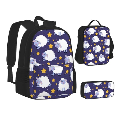 WURTON Teenager-Rucksack mit Schaf-Motiv, 3-in-1 (Federmäppchen + Schultasche + Lunchtasche)