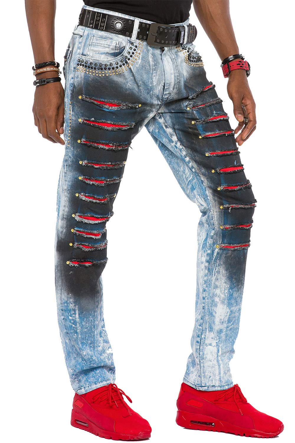 Cipo & Baxx Herren Jeans Hose Slim Fit Ripped Patched Jeans Rockige Nieten Denim Destroyed Hose W36 L32 Blau