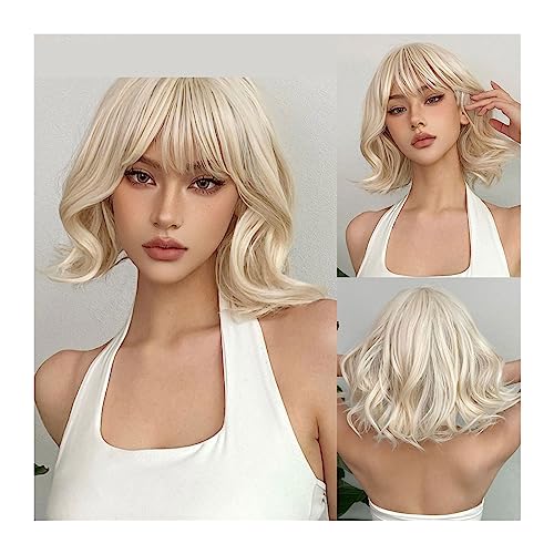 Perücken für Frauen Platinblonde, kurze, gewellte Perücke mit Pony, synthetischer Bob, Cosplay, Lolita, Naturhaar-Perücken for weiße Frauen, hitzebeständig für die Tägliche Party Cosplay Tragen