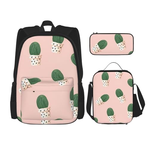 WURTON Rucksack mit Kaktus-Druck, 3-in-1, Büchertaschen-Set, Lunchbox, Federmäppchen, Reise-Laptop, Tagesrucksäcke