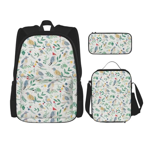 WURTON Rucksack mit Vogel- und Blumendruck, 3-in-1-Büchertaschen-Set, Lunchbox, Federmäppchen, Reise-Laptop-Tagesrucksäcke