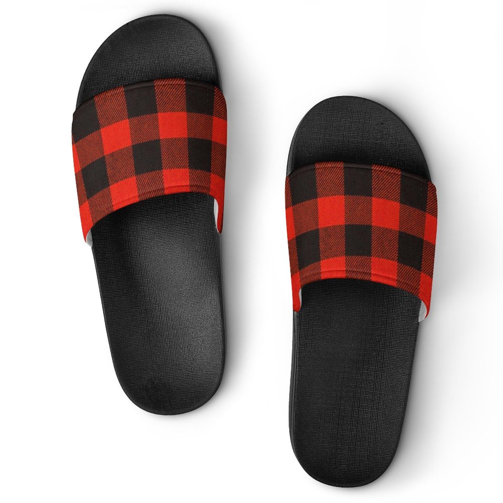 HABXNJF Duschpantoffeln Rot Schwarz Büffel Karo Slider für Männer und Frauen Rutschfeste Slides für Indoor Outdoor, Schwarz Rot Schwarz Büffelkaro, 39 1/3 EU