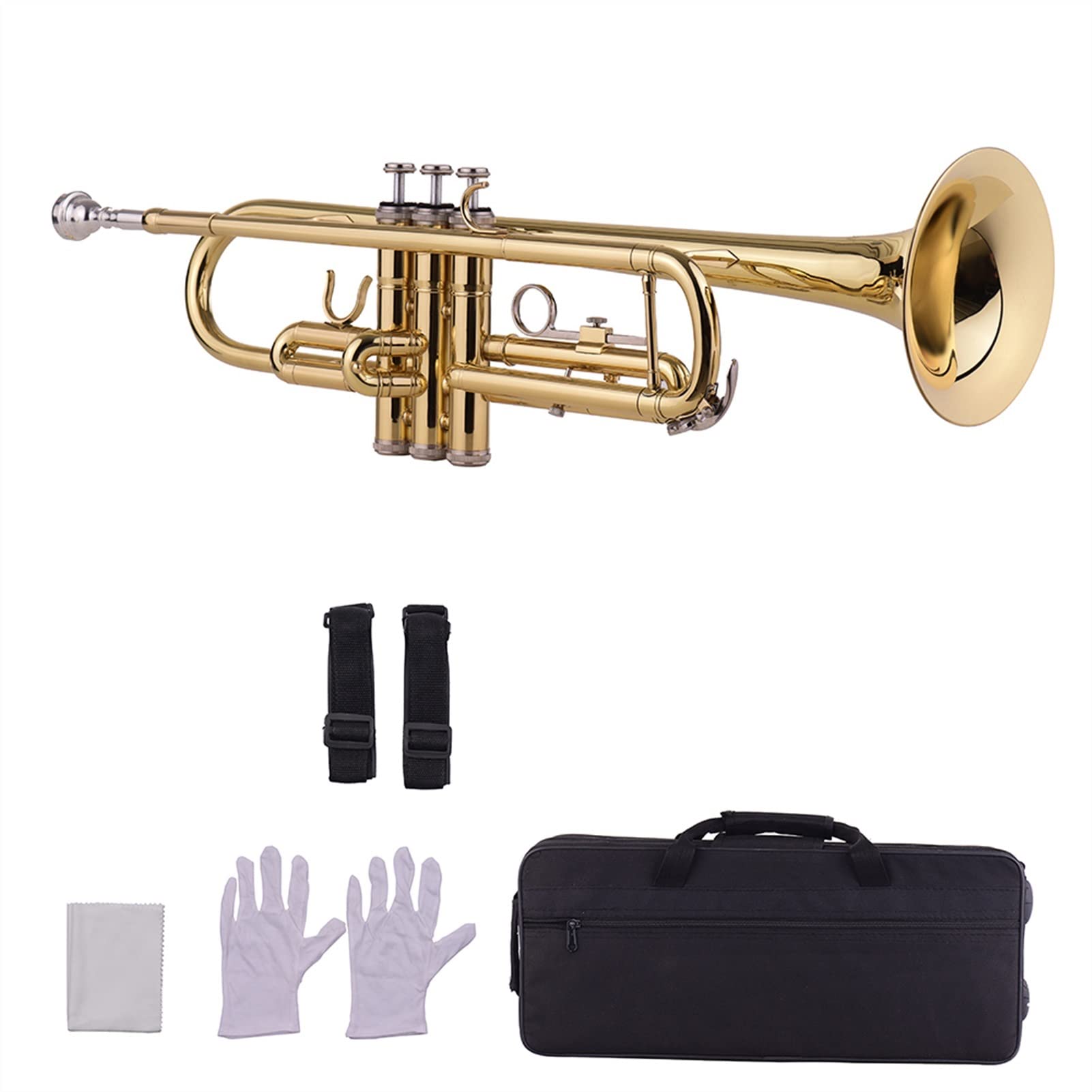 ZENGXUE Standard BB Trompete Messing Trompete Windinstrument Mit Mundstück Tragetasche Tasche Handschuhe Reinigung Tuch Tuner Standard-Trompetenset