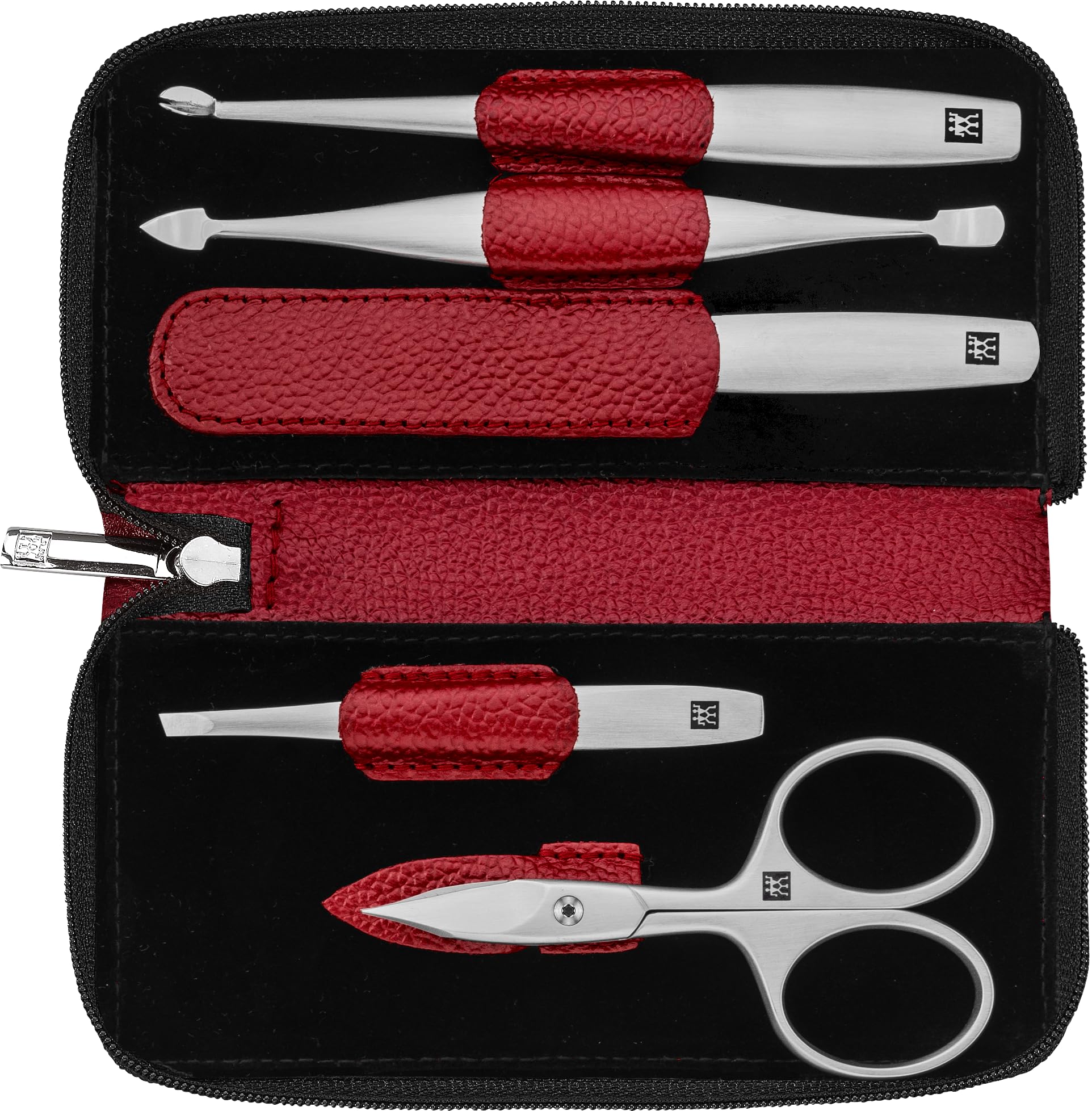 ZWILLING Maniküreset (5 Teilig, Nagelpflege und Pediküre, Echt Leder Etui, Präzise, Geschenkset, mit Kombi-Nagelschere), Premium, Rot