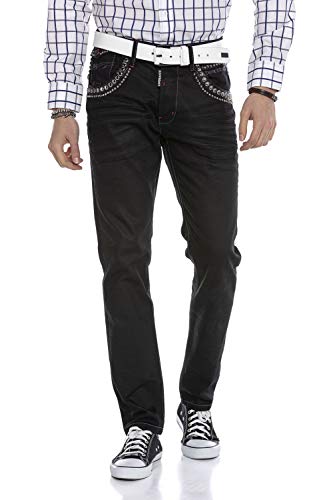 Cipo & Baxx Herren Jeans Hose Denim Nieten Bestickt Regular Fit Pants CD663 Schwarz W42 L34