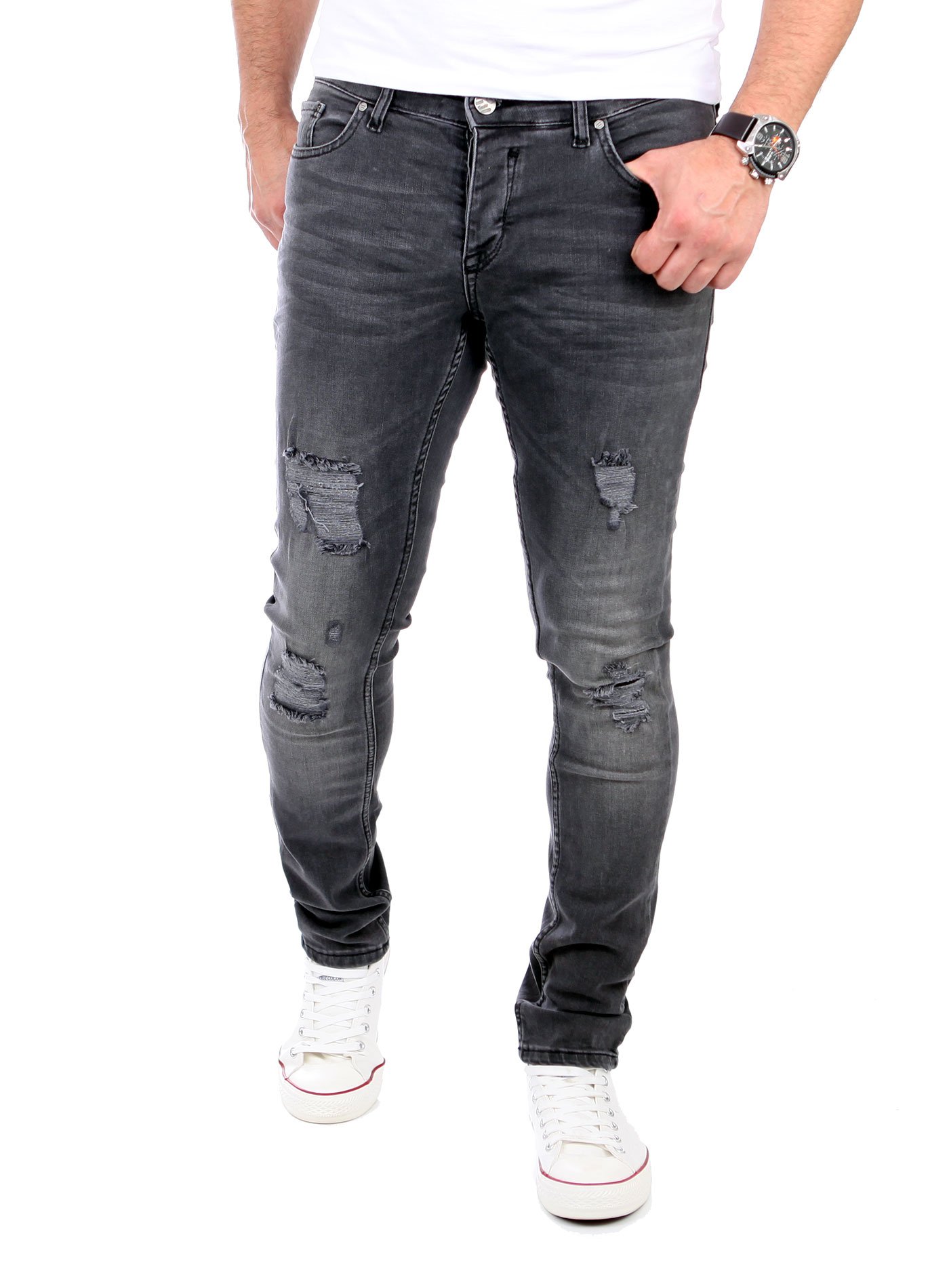 Reslad Jeans Herren Destroyed Look Slim Fit Denim Strech Jeans-Hose RS-2062 Schwarz W38 / L32