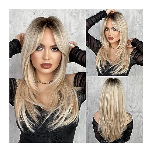 Perücken für Frauen Ombre Blonde Perücke for Frauen, lange gerade Perücke mit Pony for den Tag, Paty synthetische geschichtete Hai-Perücke, hitzebeständige Faser für die Tägliche Party Cosplay Tragen