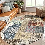 Jwujnxaq Teppiche Oval Weich Groß rutschfest Waschbar Teppich Schlafzimmer Modern Design Deko Blau Grau Rot Gelb Mehrfarbig Patchwork Vintage, 120 x 160 cm