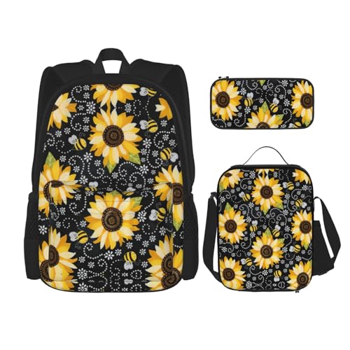 WURTON Sunflower Bee Print Trendy Backpack Bags Lunch Box And Pencil Case 3 In 1 Adjustable Backpack Set, Black, One Size, Schwarz , Einheitsgröße