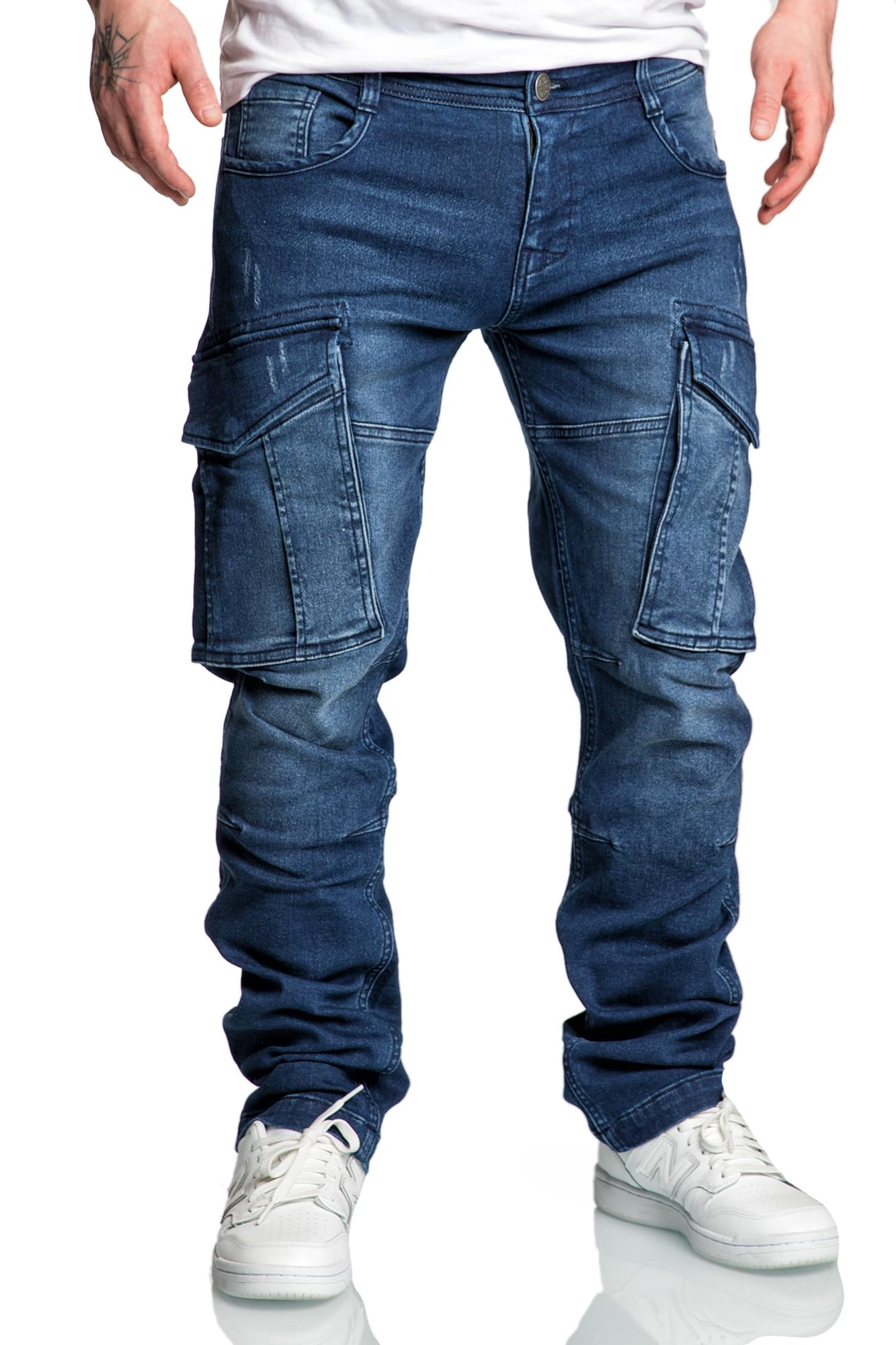 Amaci&Sons Herren Sweathose in Stretch Denim Männer Cargo Jogging Jeans 7026 Dunkelblau W34