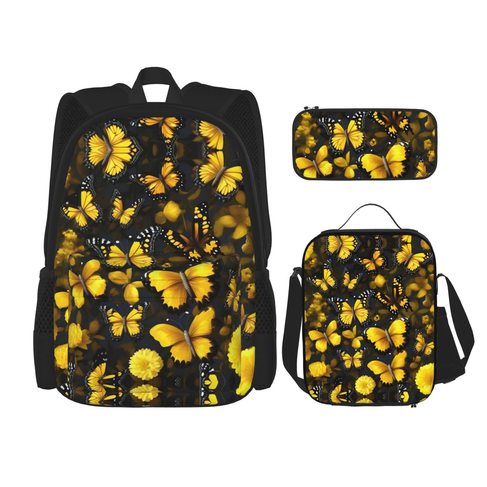 WURTON Gelbe Blumen Schmetterlinge Druck Reise Lunchbox Federmäppchen Rucksack Set 3 Stück Verstellbare Träger Leicht, Schwarz, Einheitsgröße, Schwarz , Einheitsgröße