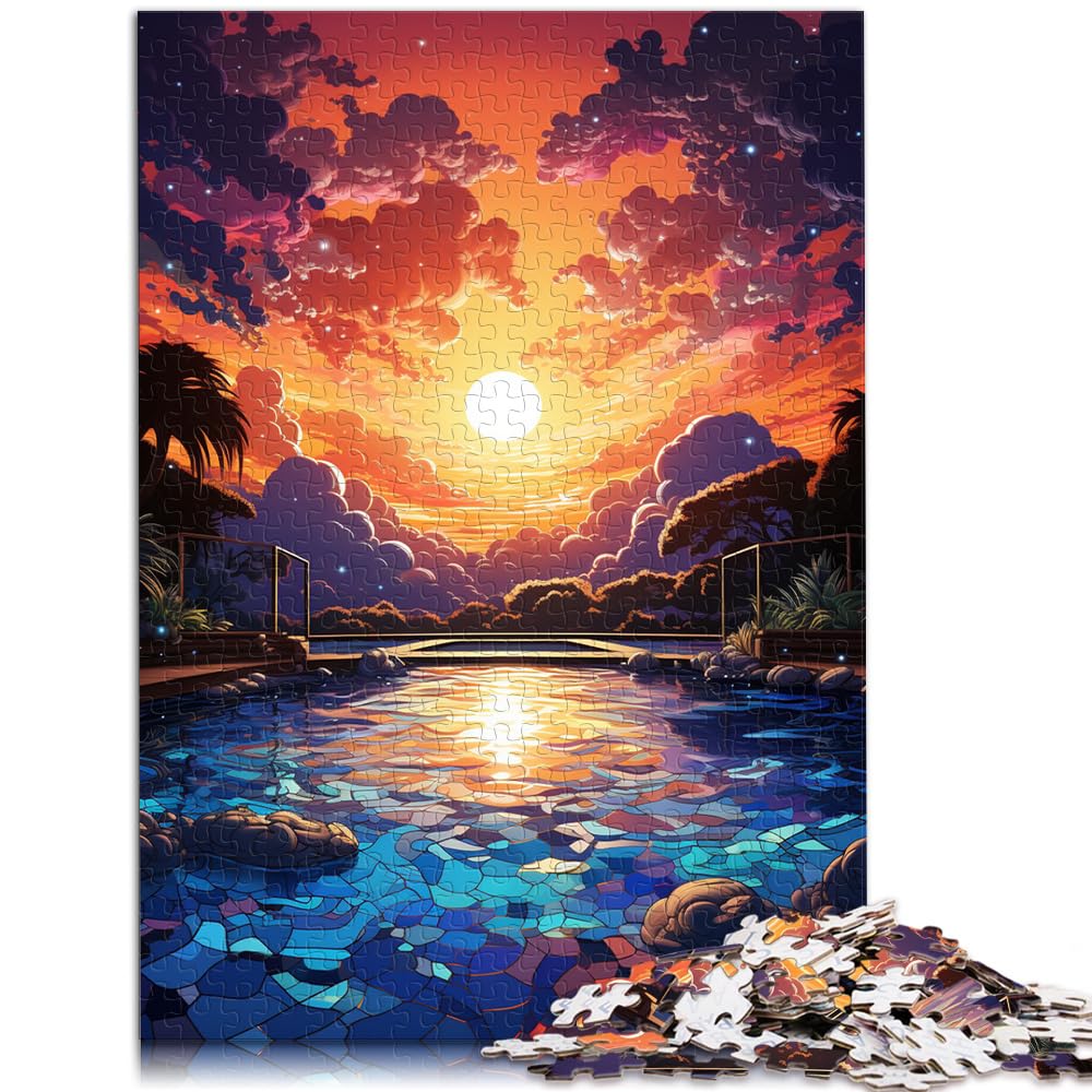 Puzzles Bunter, Psychedelischer, verträumter Sonnenuntergang am Pool, 1000-teiliges Puzzle für Erwachsene, Holzpuzzle als Geschenk für die ganze Familie, 1000 Teile (50 x 75 cm)